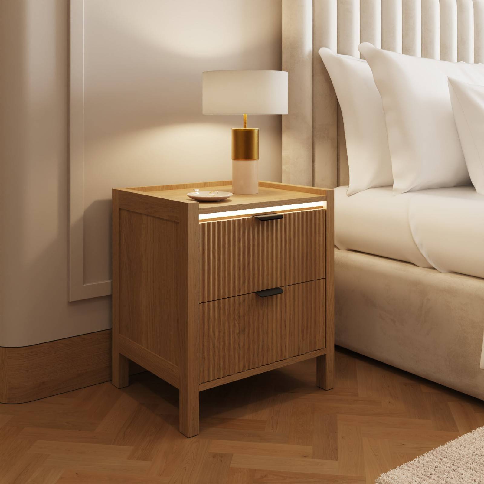 GFW Zion Oak 2 Drawer Ribbed Bedside Table