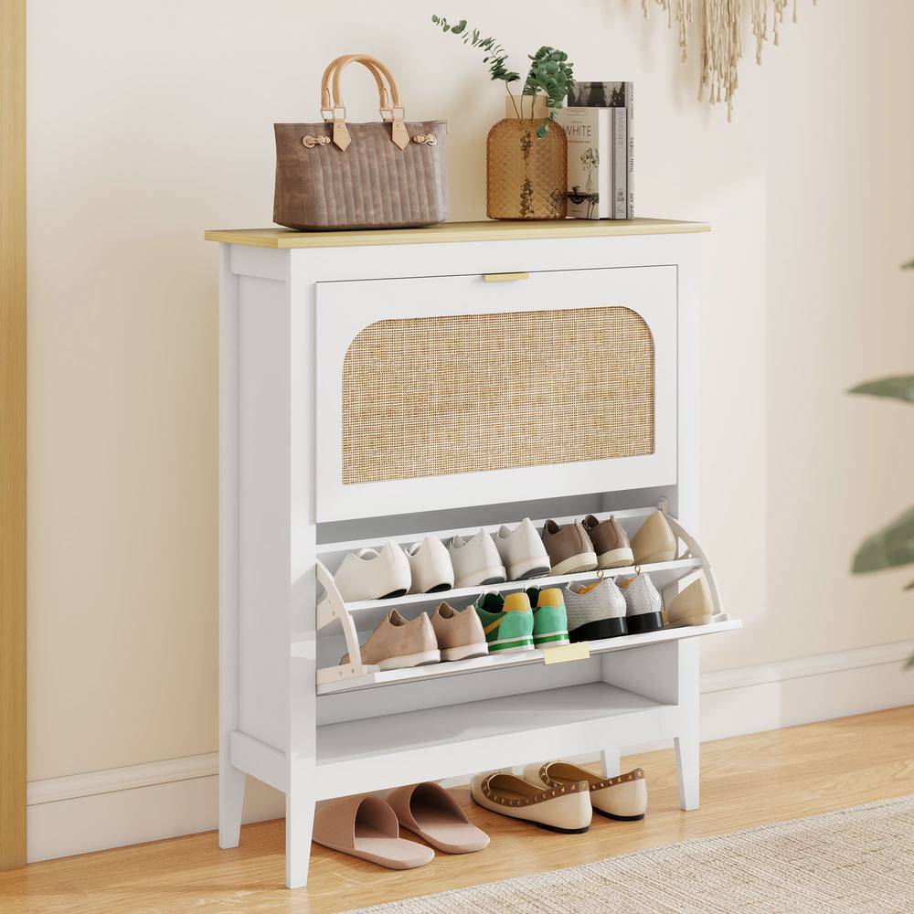Homcom Boho Slim Cabinet Rattan Doors 14 Pairs Shoe Rack
