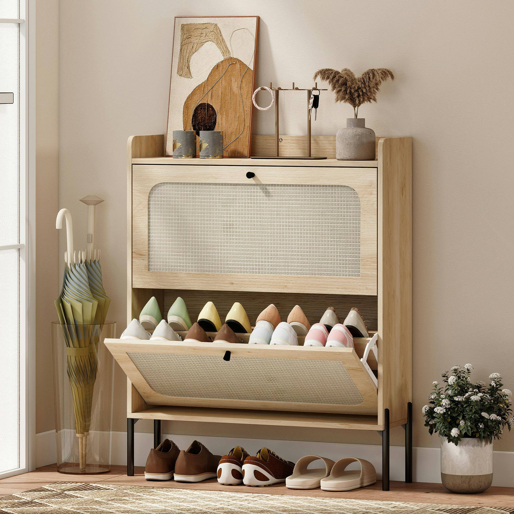Homcom Boho Narrow Cabinet 2 Flip Drawers Shoe Rack