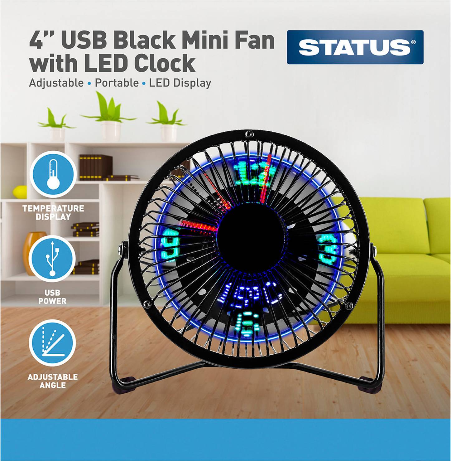 Status USB Black Mini Fan with LED Clock