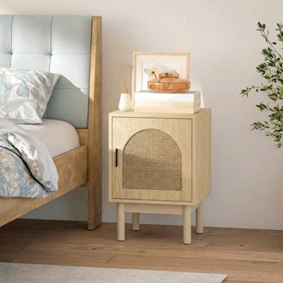 Homcom Boho With Rattan Door And Adjustable Shelf Bedside Table