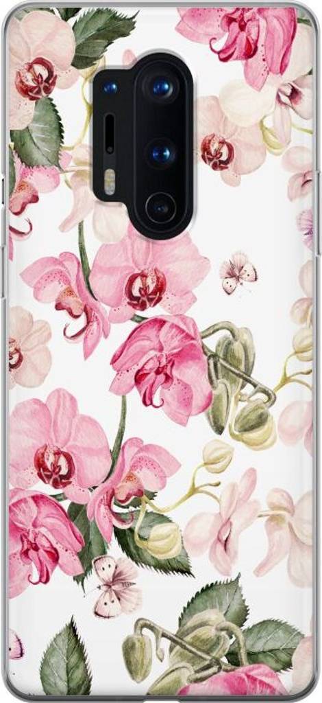 iSecrets OnePlus 8 Pro Transparent Mobilskal Rosa Blommor