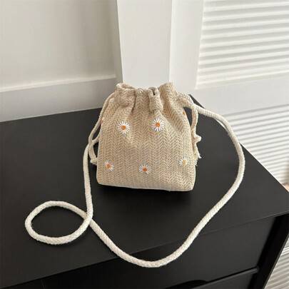 Straw tote bag Shein Mini Floral Embroidered Drawstring Straw Purse