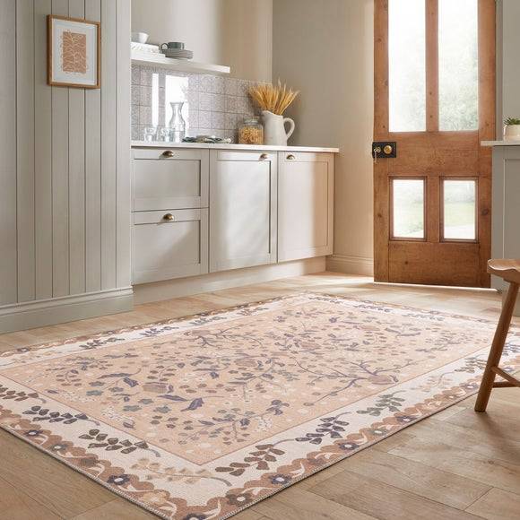 Dunelm Sabrina Floral Washable Rug Natural