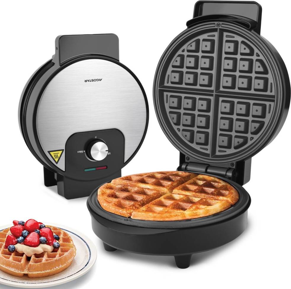 Aigostar Round Waffle Maker Adjustable Temperature Control