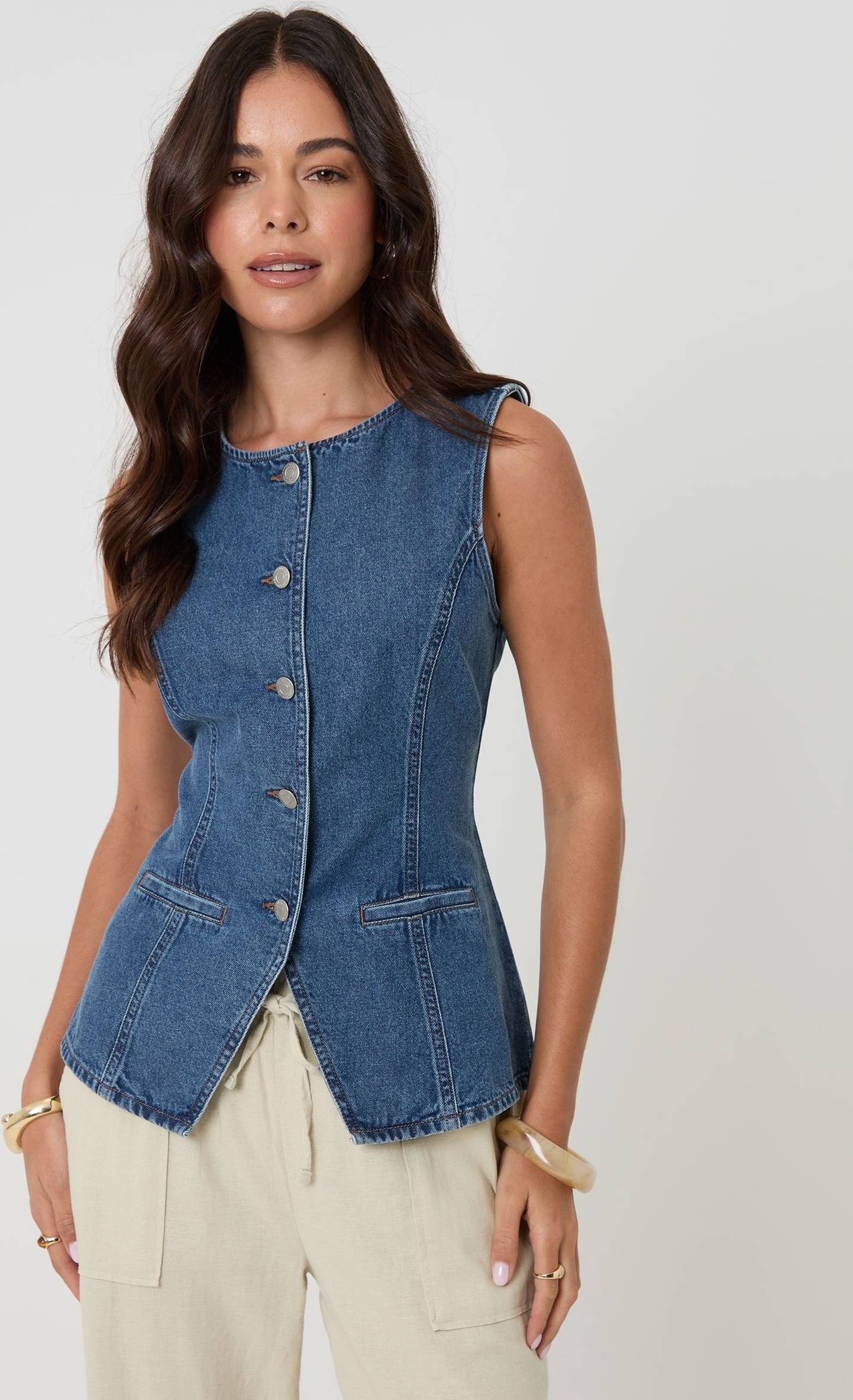 Threadbare Denimvest Rund Hals Blå Mellemvask