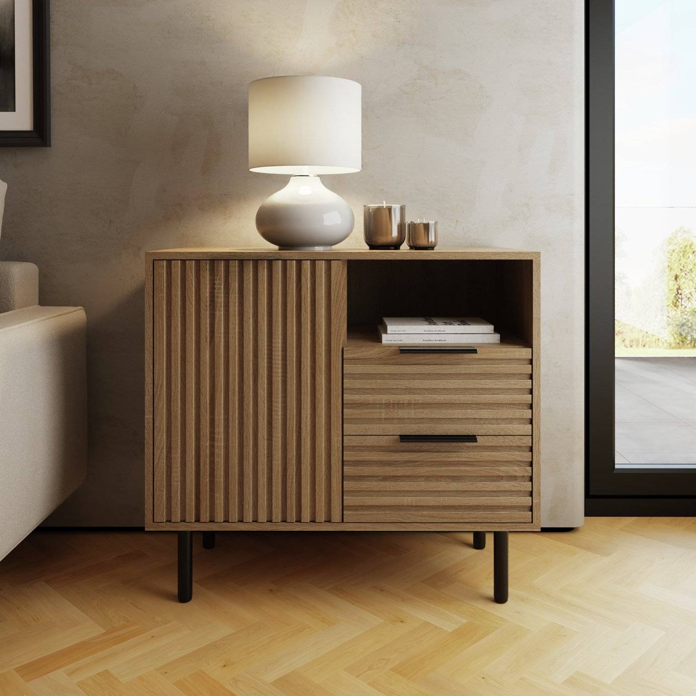 GFW Nervata Oak Black Ribbed Compact Sideboard