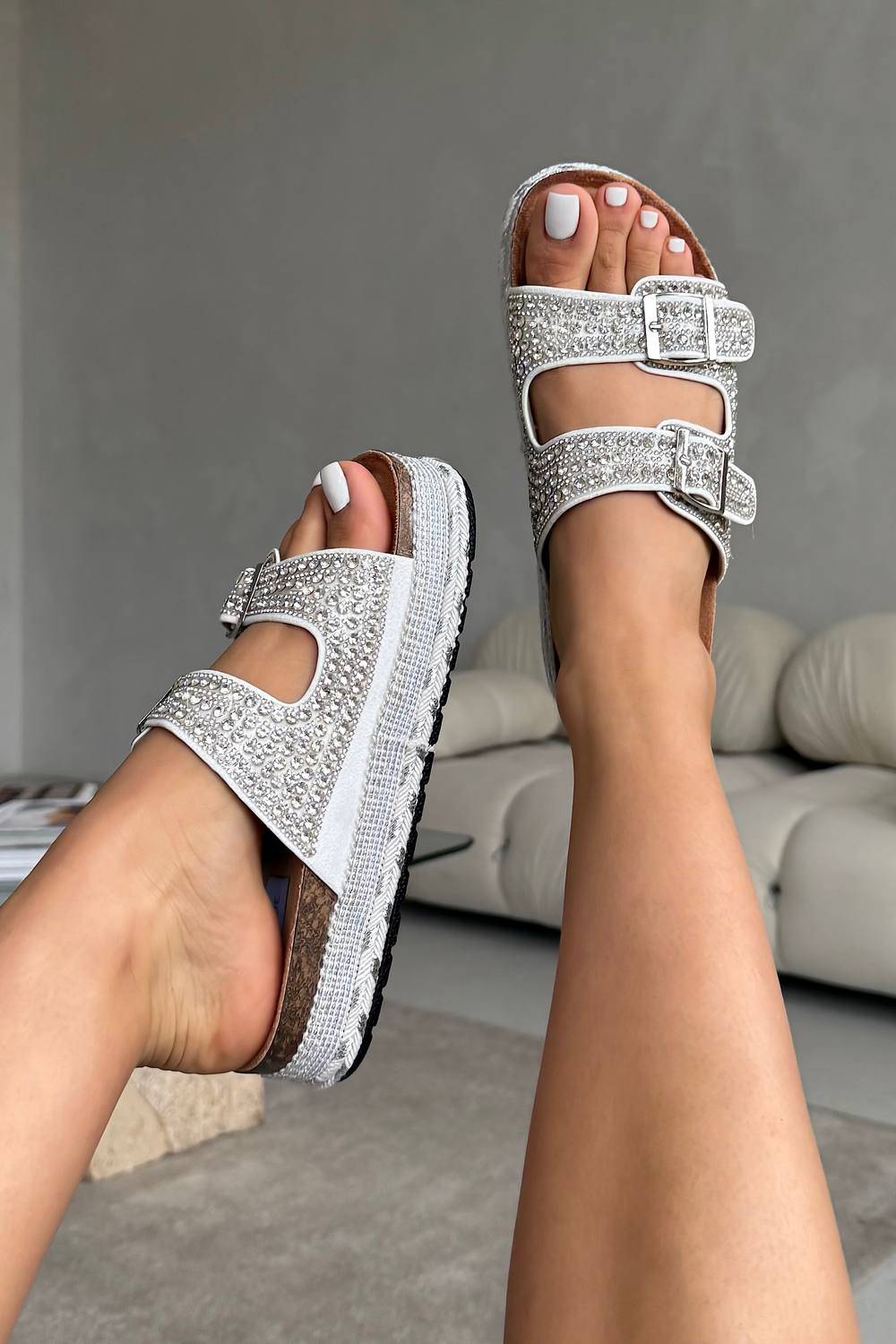 Crystal Riviera Double Buckle Sliders - Silver