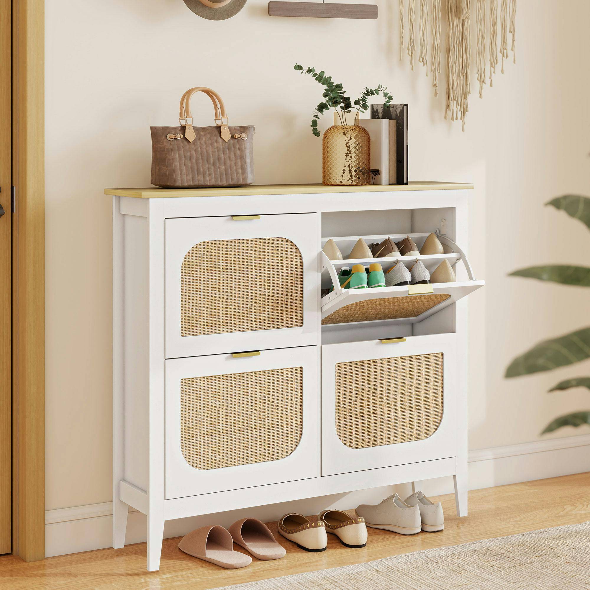 Homcom Boho Slim Cabinet Rattan Doors 20 Pairs Shoe Rack