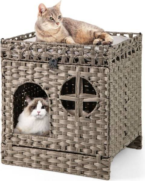 Costway Foldable 2-Tier Rattan Cat Litter Box Enclosure