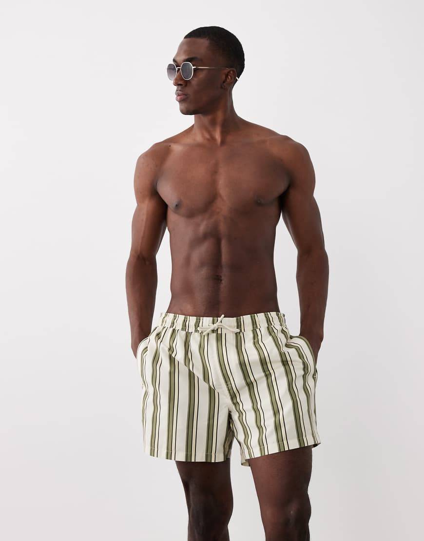 New Look Regular Striped Drawstring Swim Shorts - Green