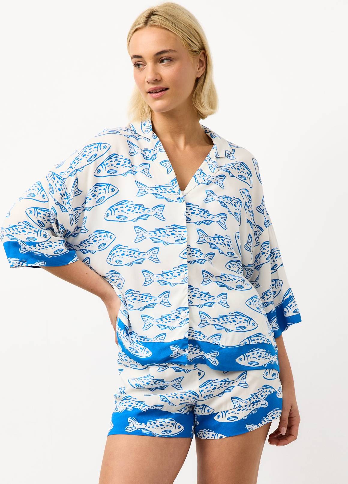 Tu Fish Print Shortie Traditional Pyjamas - Blue