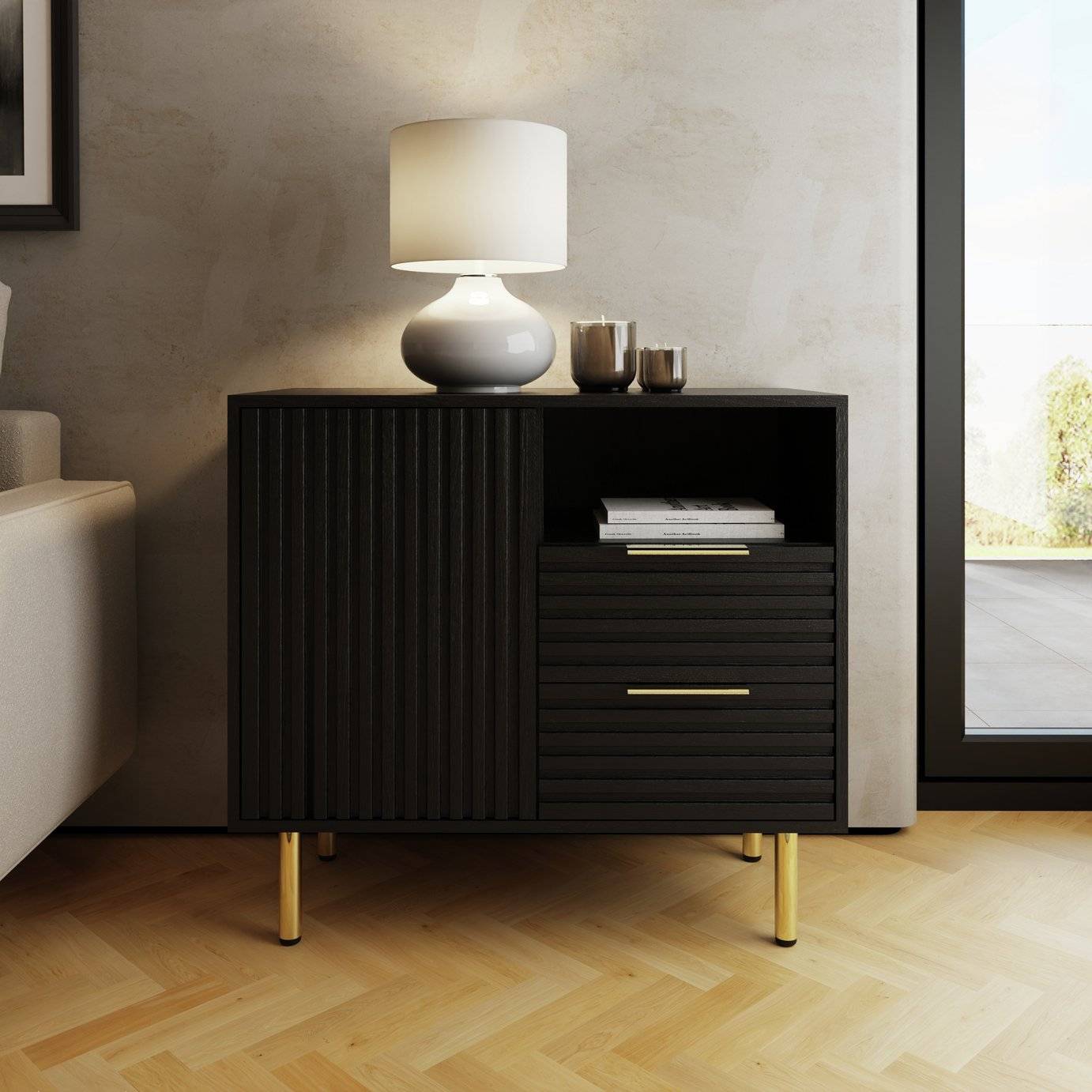 GFW Nervata Compact Chest Black Gold Ribbed Sideboard