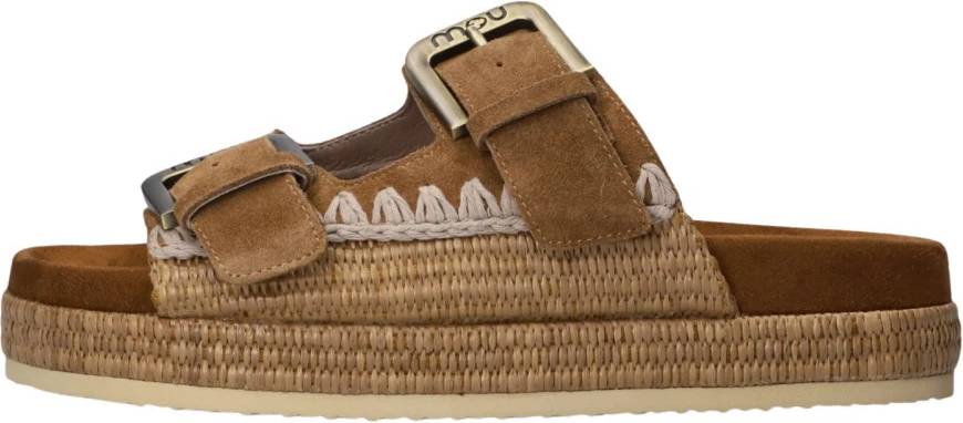Two-Buckle Raffia Brown Sandals Suede - Raffia Brown