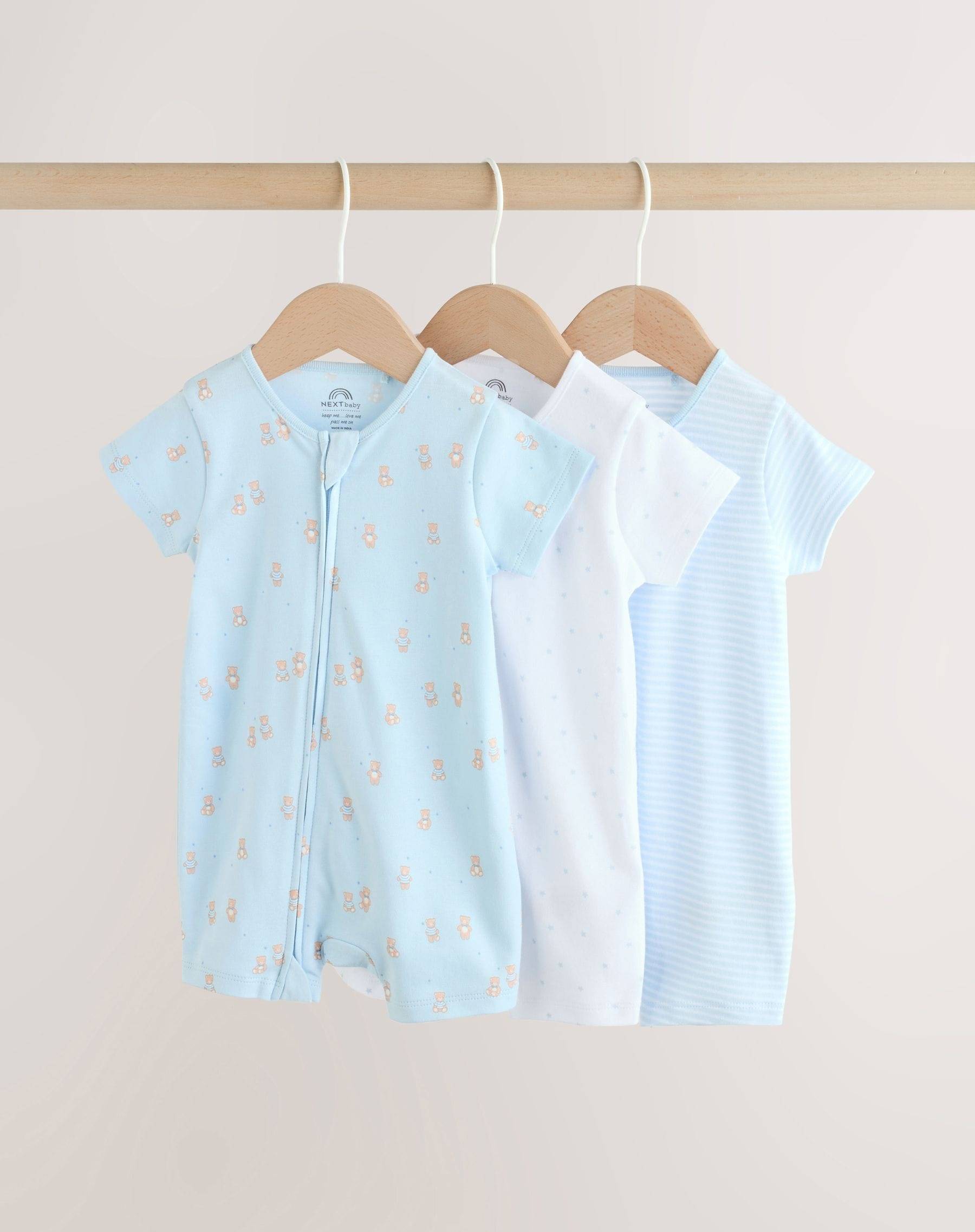 NEXT Blue Two Way Zip Baby Rompers 3 Pack