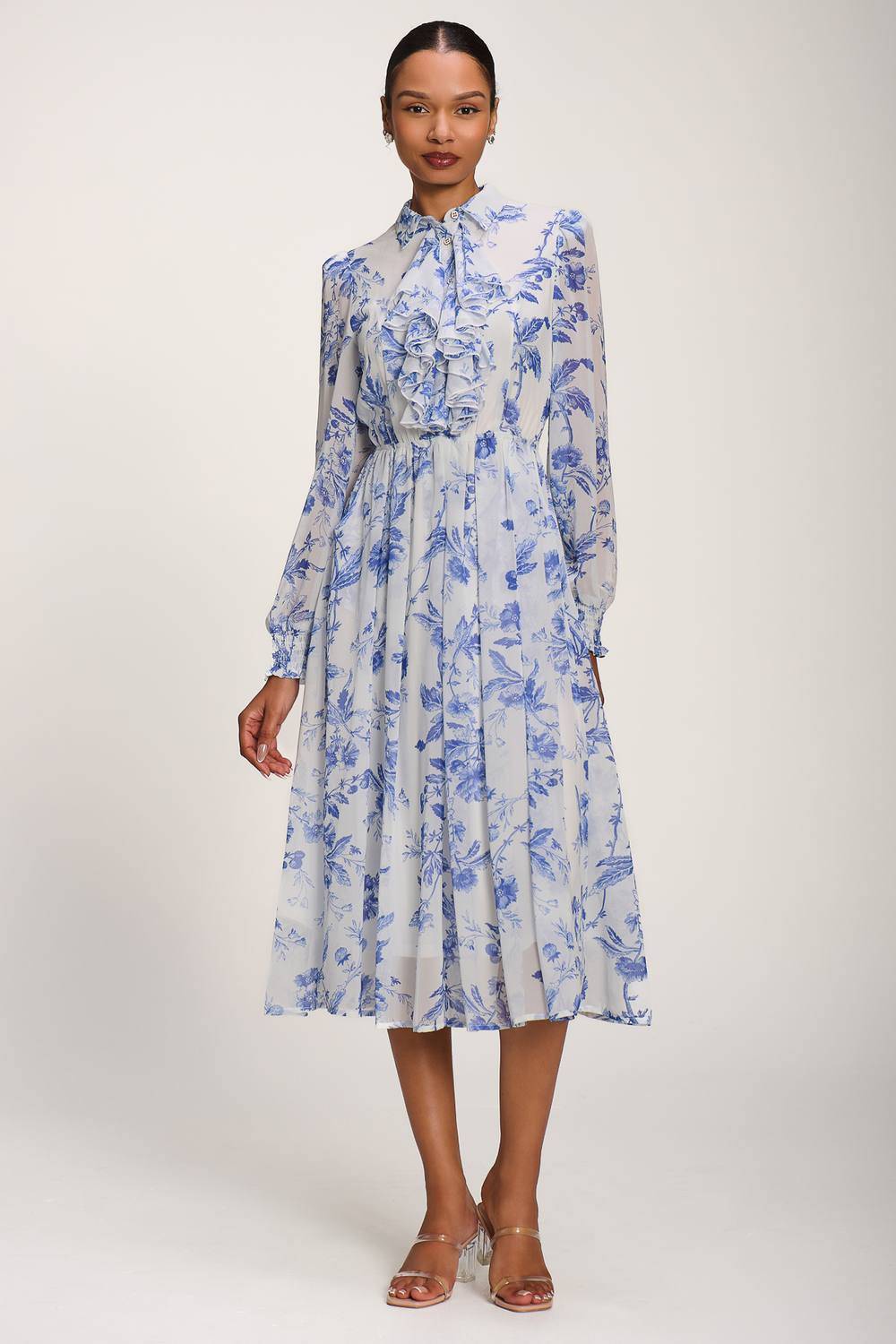 Chiffon Print Ruffled Shirt Dress - Multicolor