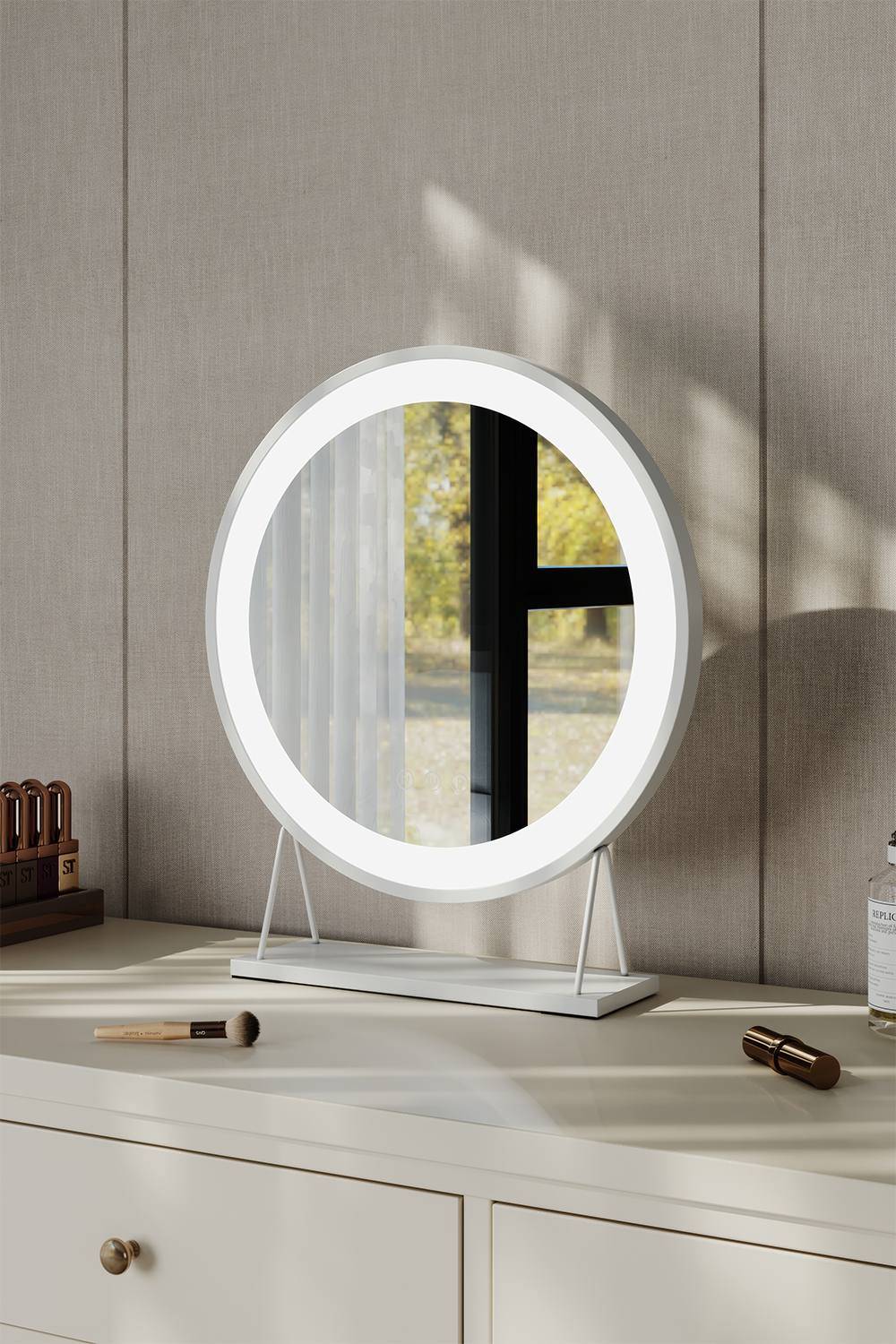 Circular Adjustable Makeup Mirror With LED Light - White