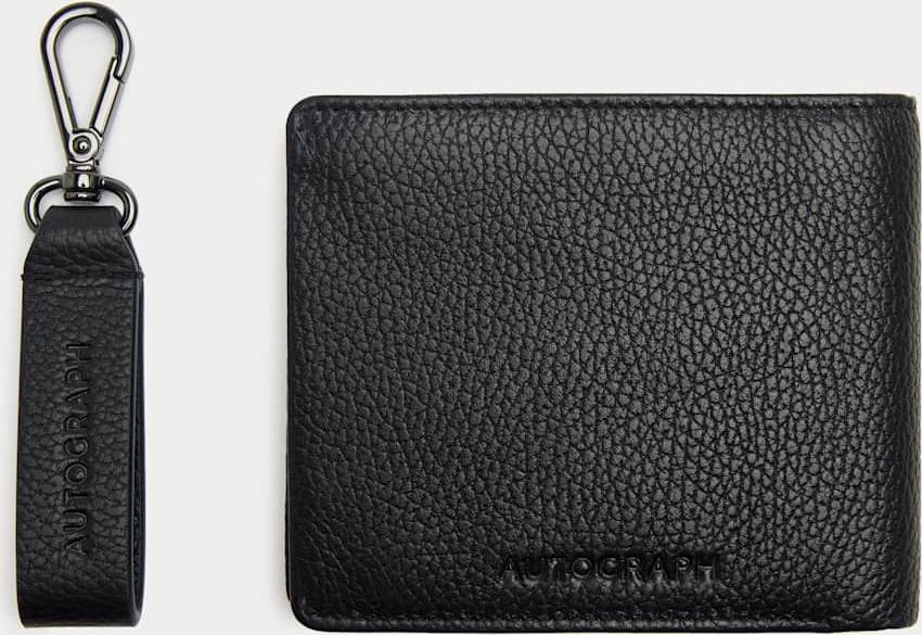 Leather Textured Wallet Keyring Gift Set - Black