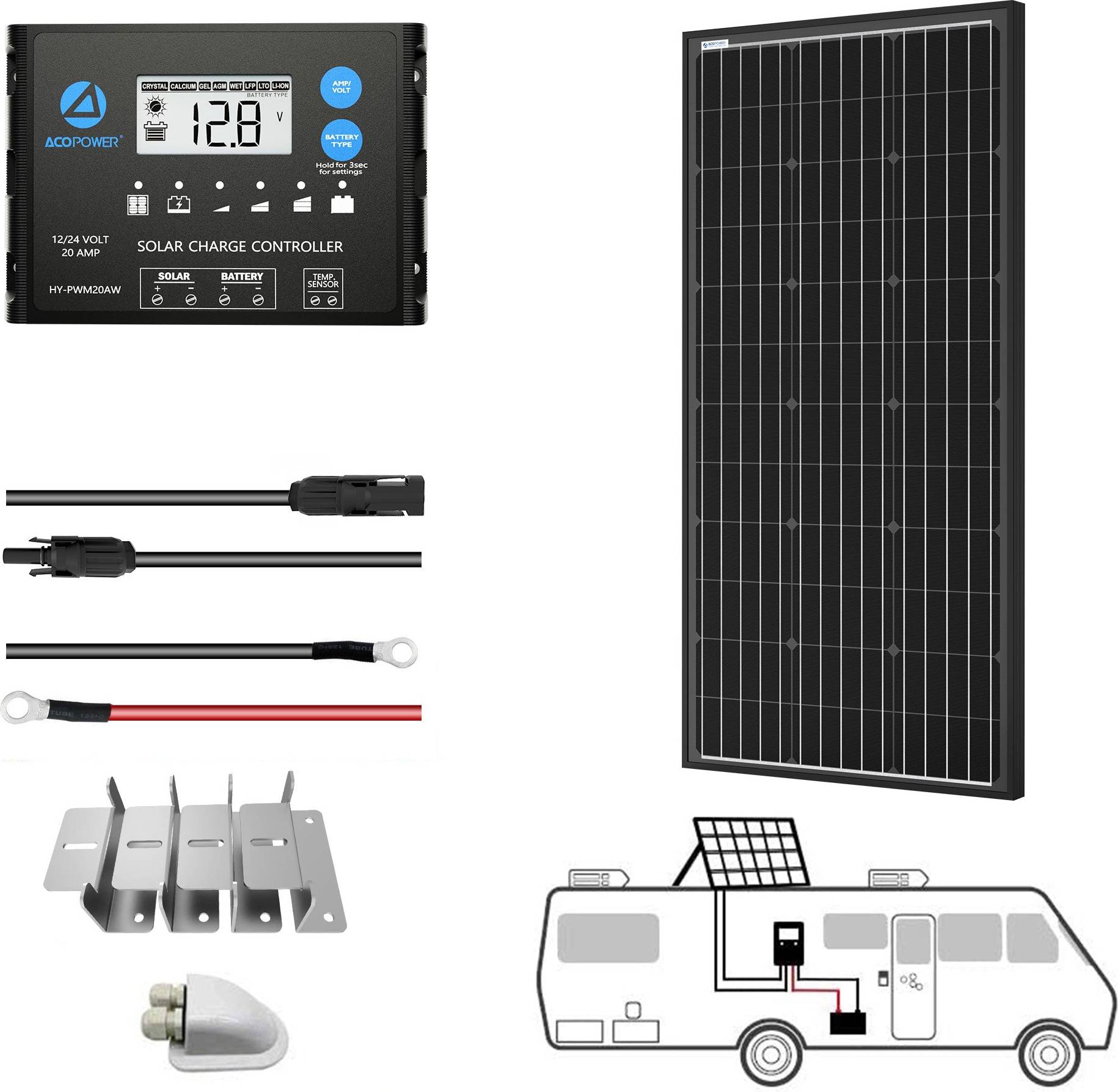 Solar panel kits ACOPower 100W Mono Solar RV Kits MPPT PWM Charge Controller