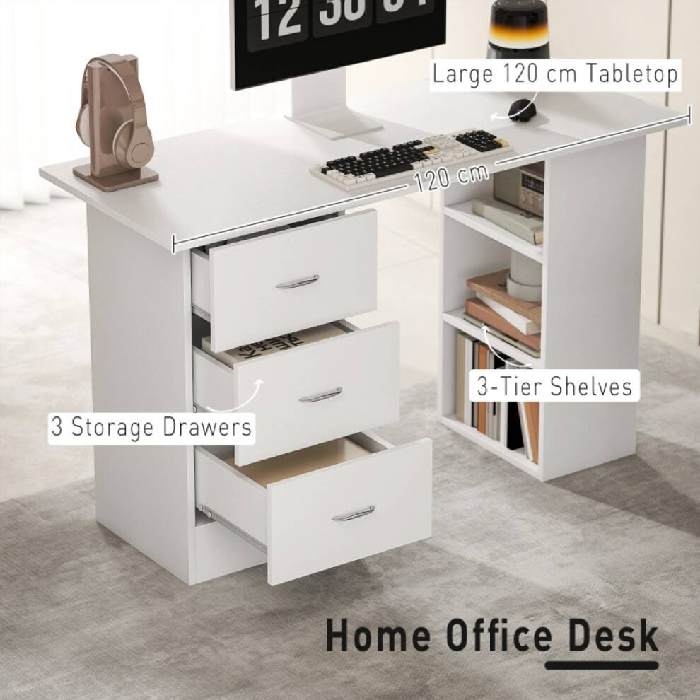 Homcom White Computer 3 Shelves Drawer Writing Desk