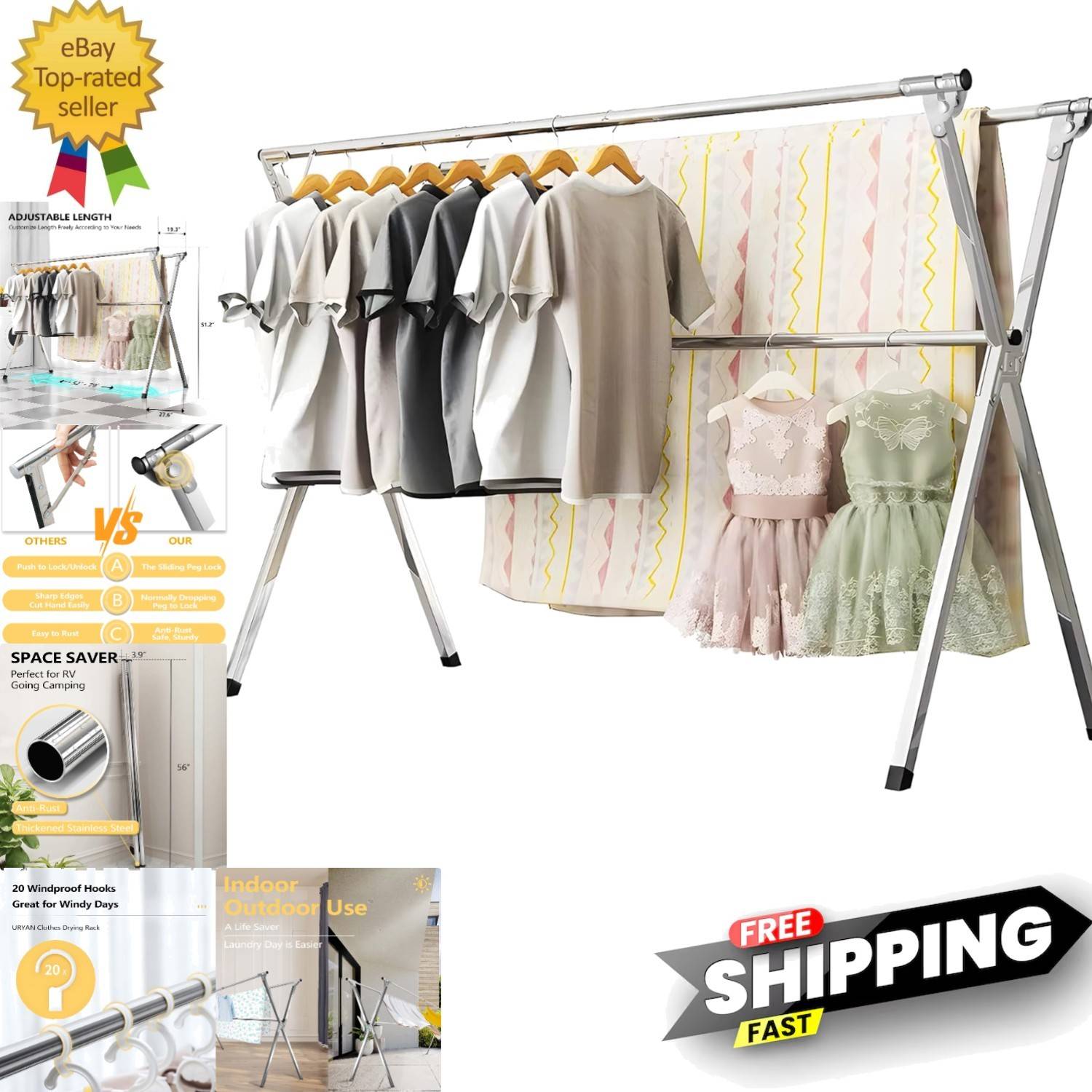 Heavy duty clothes drying rack Laundry Portable Heavy Duty Rack Rust-resistant Adjustable 140 Lbs Capacity