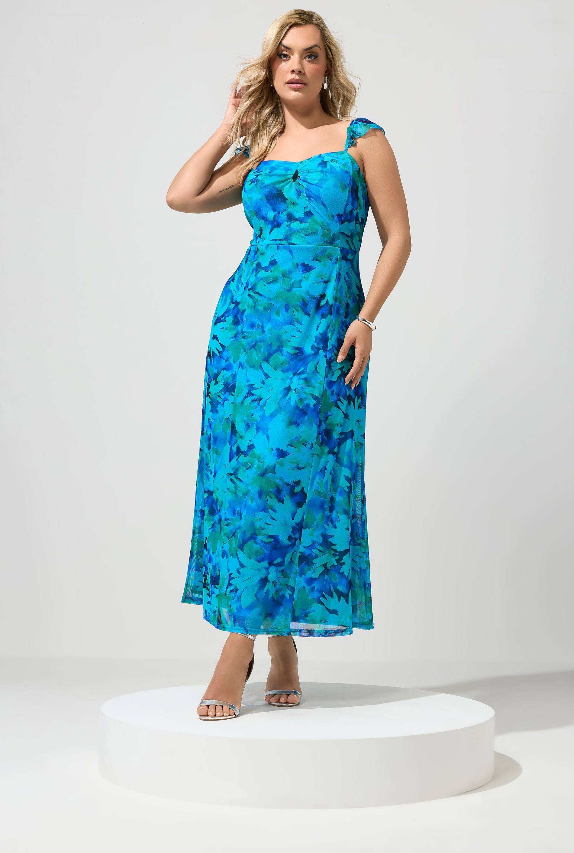 Yours Abstract Keyhole Ruffle Maxi Dress - Bright Blue