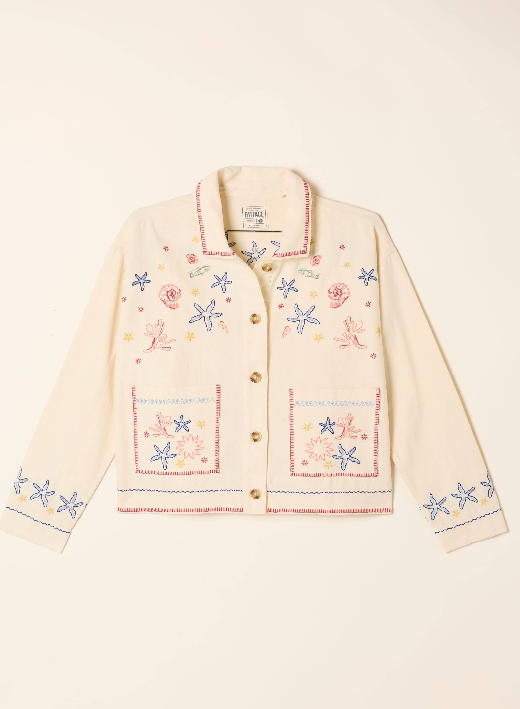 Fatface Cream Regular Shells Embroidered Jacket - Pure Cotton