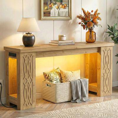 Rgb led lights Rackcog 63 Inch Farmhouse with RGB LED Lights Console Table