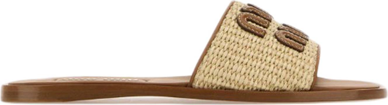 Miu Miu Leather Raffia Slippers Cuir Raphia - Brown
