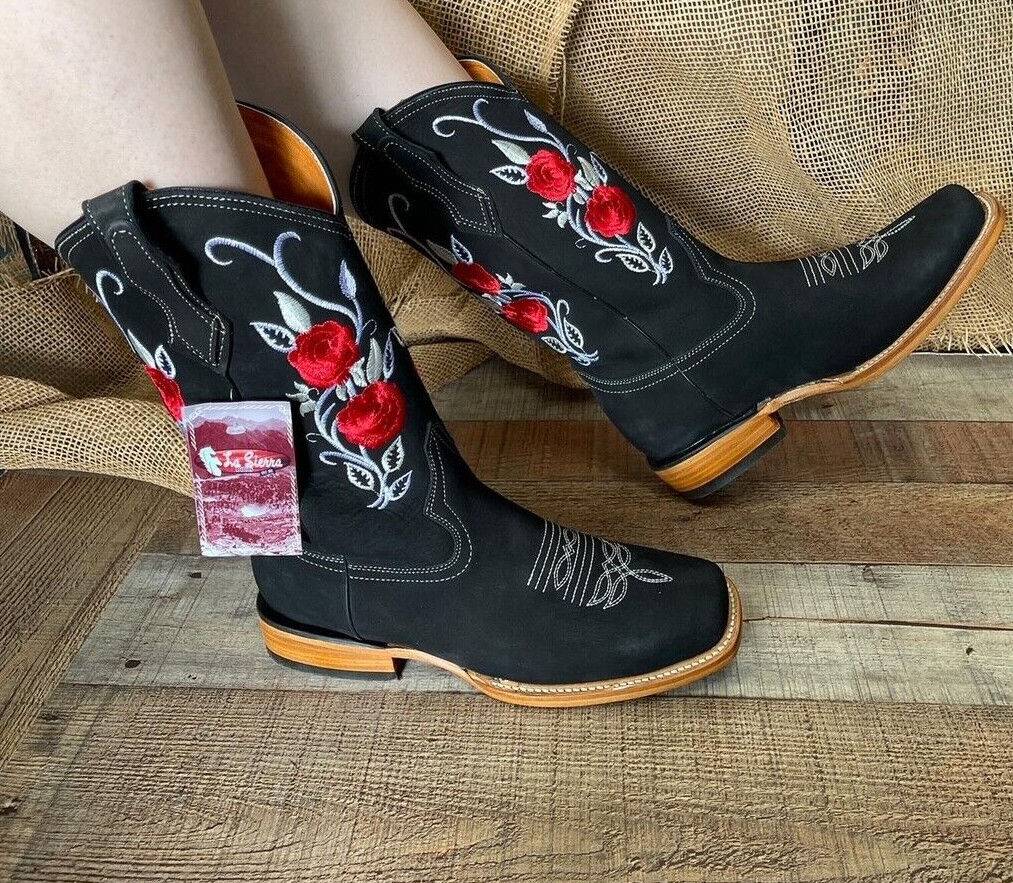 Red roses Sierra Western Red Roses Rodeo Square Toe Cowgirl Boots Leather - Red Roses