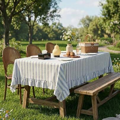 Shein Light Striped Ruffle Tablecloth Blue