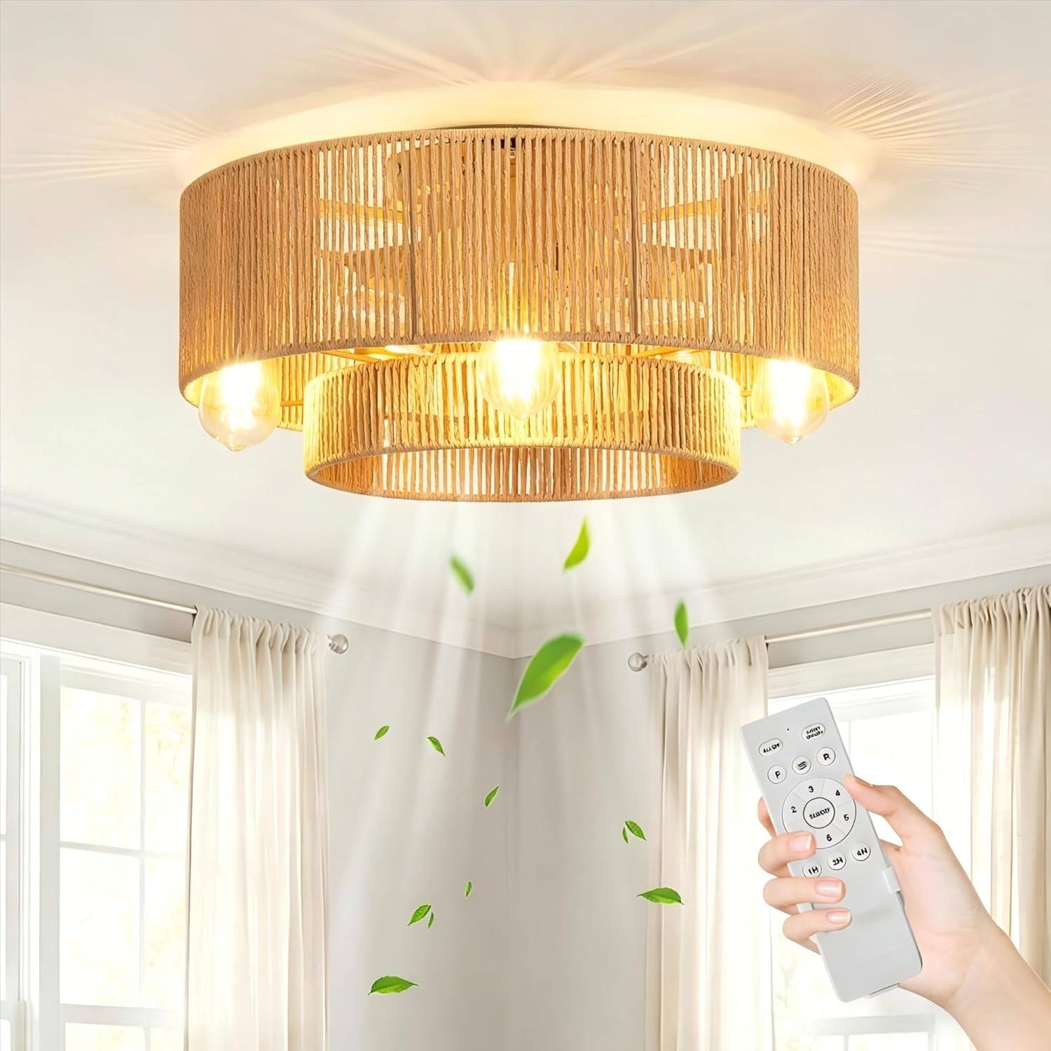 Rattan ceiling fan IDEALHOUSE 20.5 Inch Rattan Boho Ceiling Fan with Light
