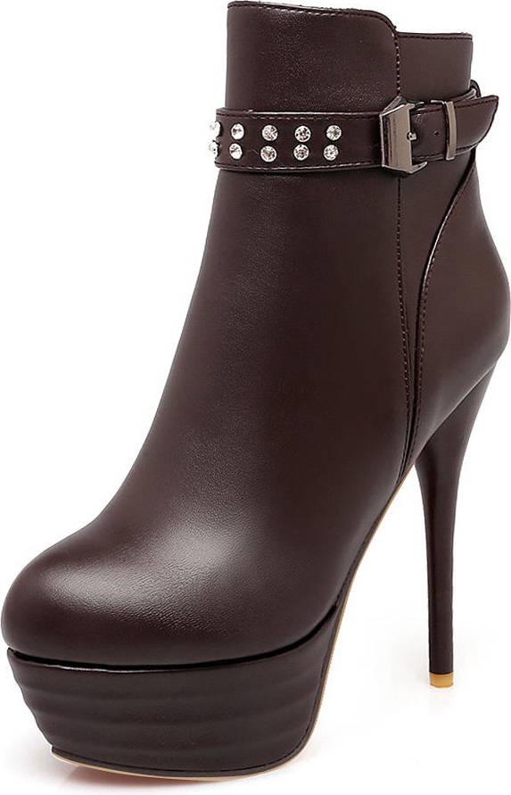 High Heel Platform Round Toe Rhinestones Booties - Brown