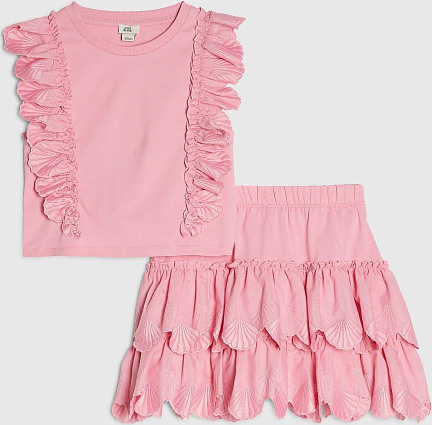 River Island Pink Shell Ruffle Top Rara Skirt Set