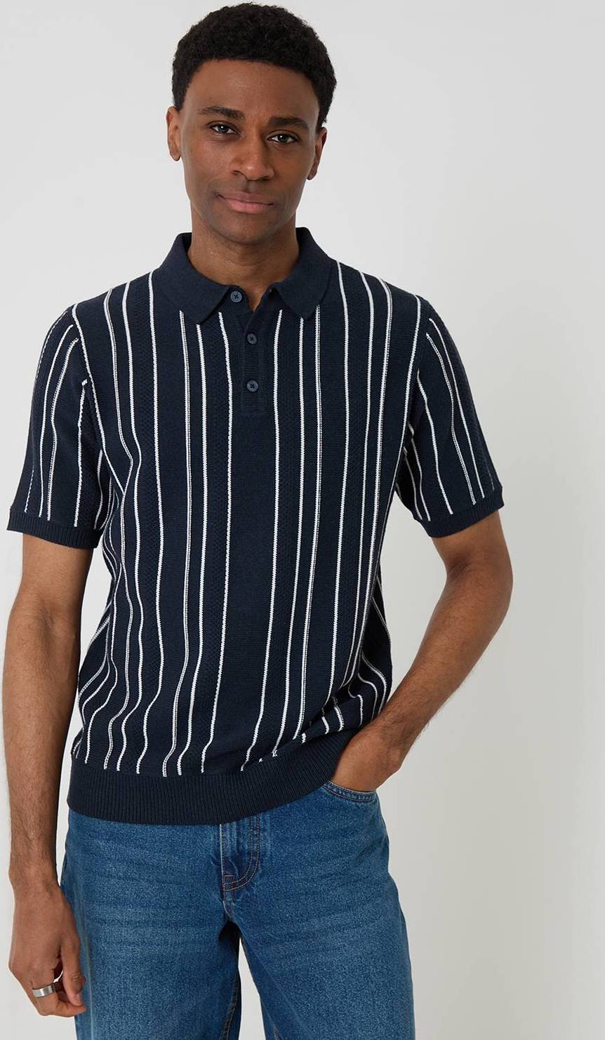Polo In Maglia Con Zip Corta - Righe Testurizzata
