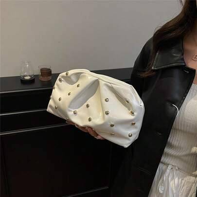 Shein Solid Color Retro Minimalist Rivet Pleated Handbag