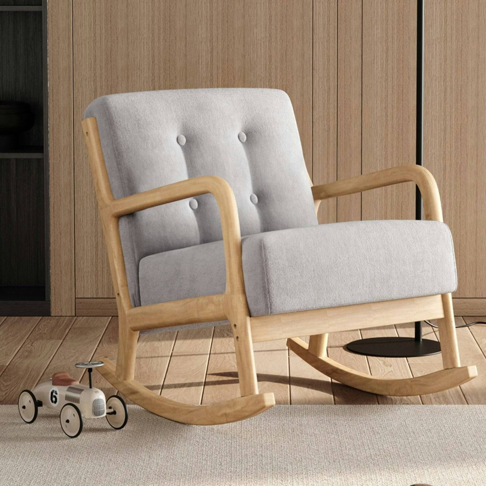 Grey Linen Upholstered Rocking Chair