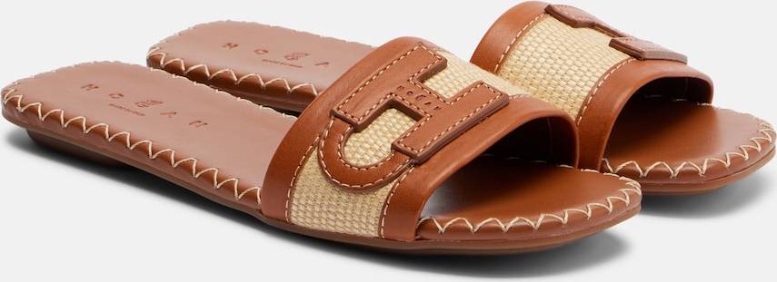 Hogan Leather Trimmed Raffia Slides