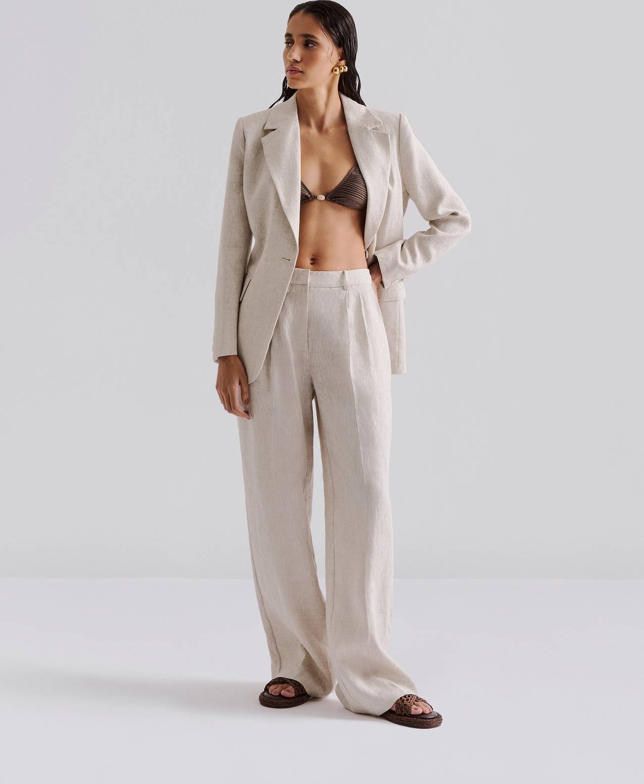 High Rise Pure Linen Trousers - Beige