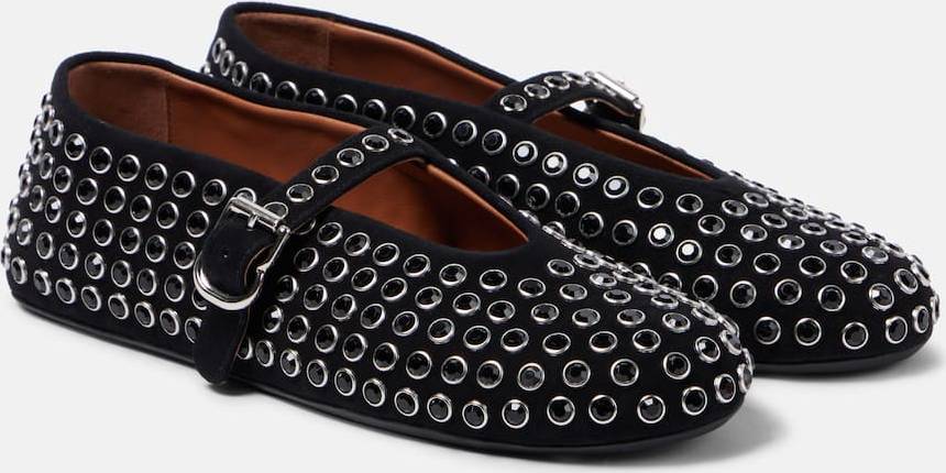 Black Suede Rhinestone Ballet Flats