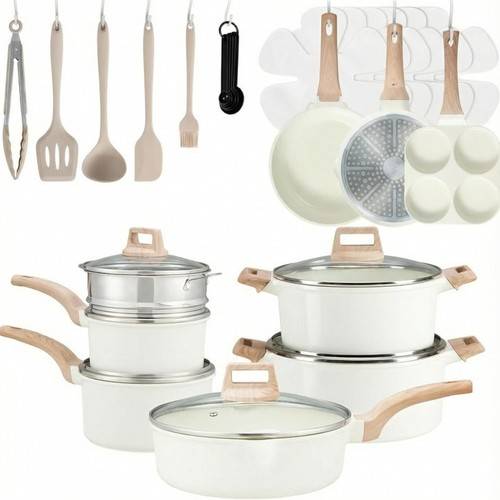 Simple Deluxe 25pcs Ceramic Beige Cookware Set