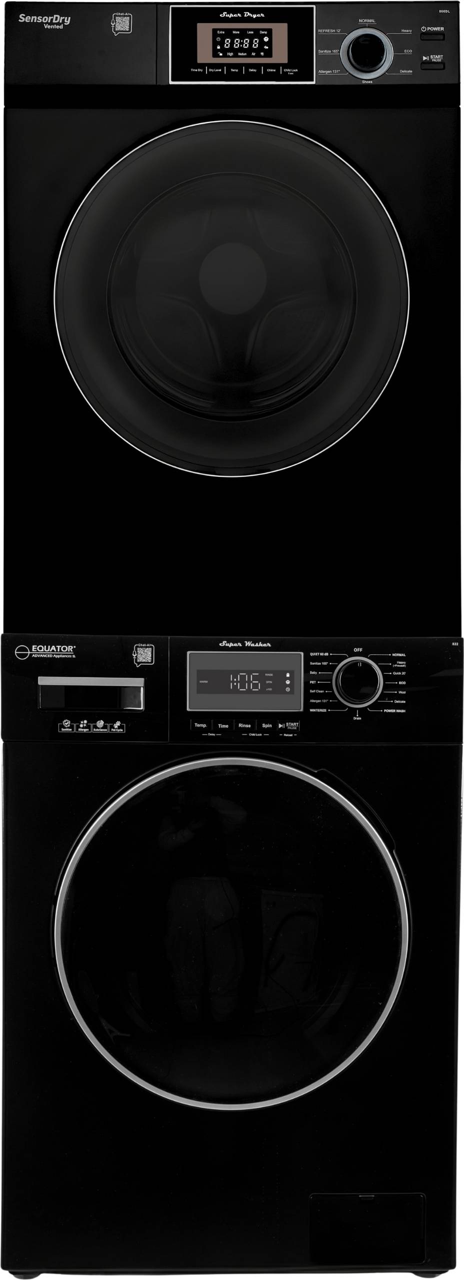 Black electric dryer Equator Compact Stackable Laundry Center EW 822 1.57cf