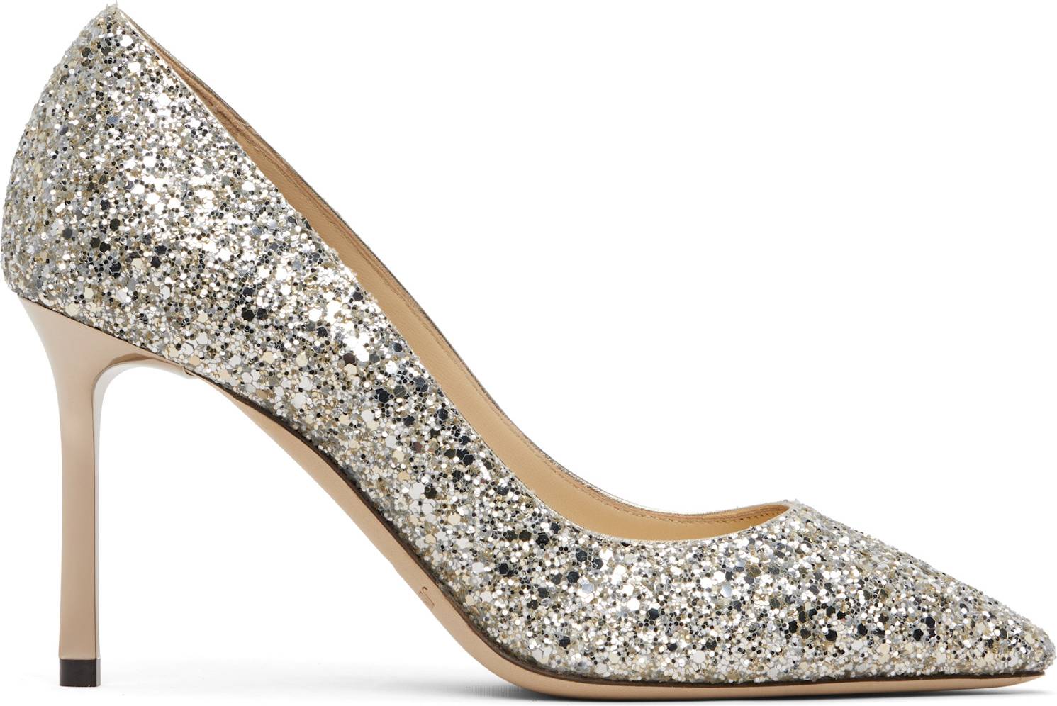 Jimmy Choo Romy 85 Décolleté Punta In Tessuto Champagne - Silver