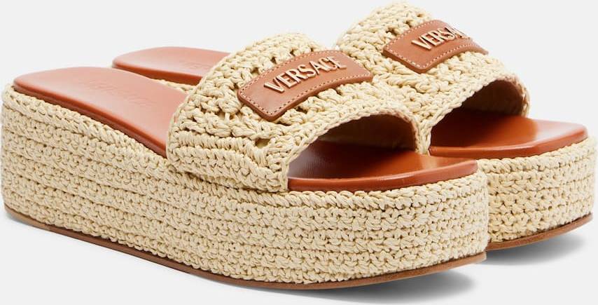 Versace Logo Raffia Platform Espadrille Slides - Beige