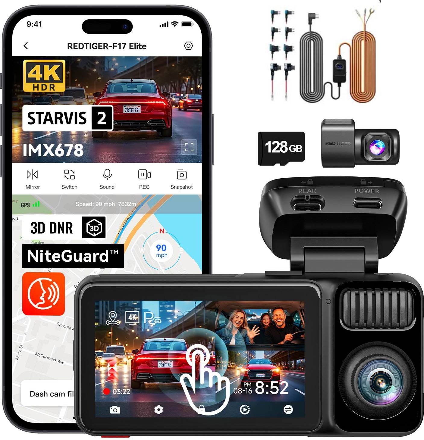 Dash camera 4k Redtiger RTF17ETL 4K 3 Channel Dash Cam