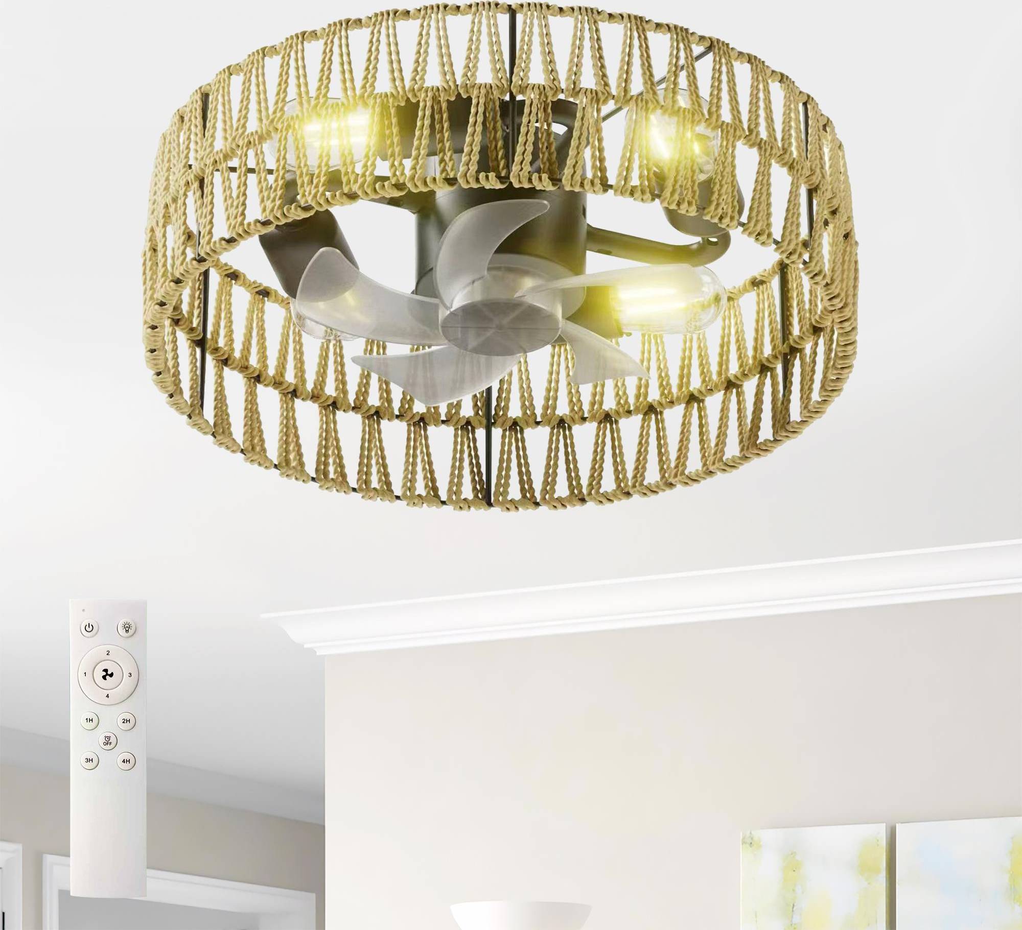 11-in 4-Light Boho Rattan Caged Ceiling Fan