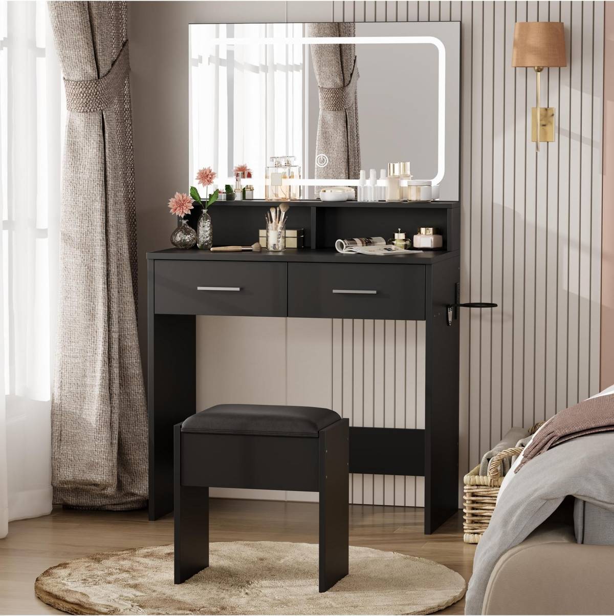 Black vanity set Gaomon Vanity Set 3-Color Adjustable Led Mirror Dressing Table