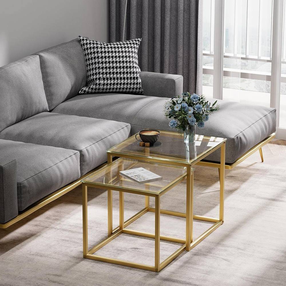 Huhote Metal Frame Glass Top Side End Set Nesting Table 2pcs