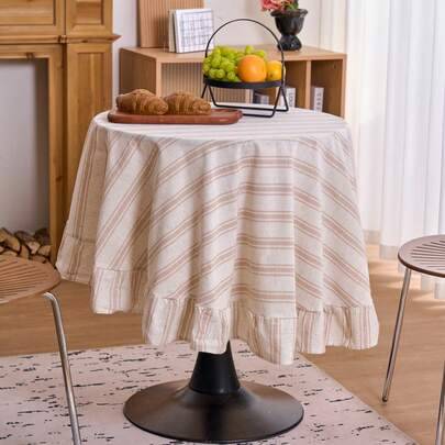 Shein Striped Ruffle Edge Round Table Decor Cloth Tablecloth Beige