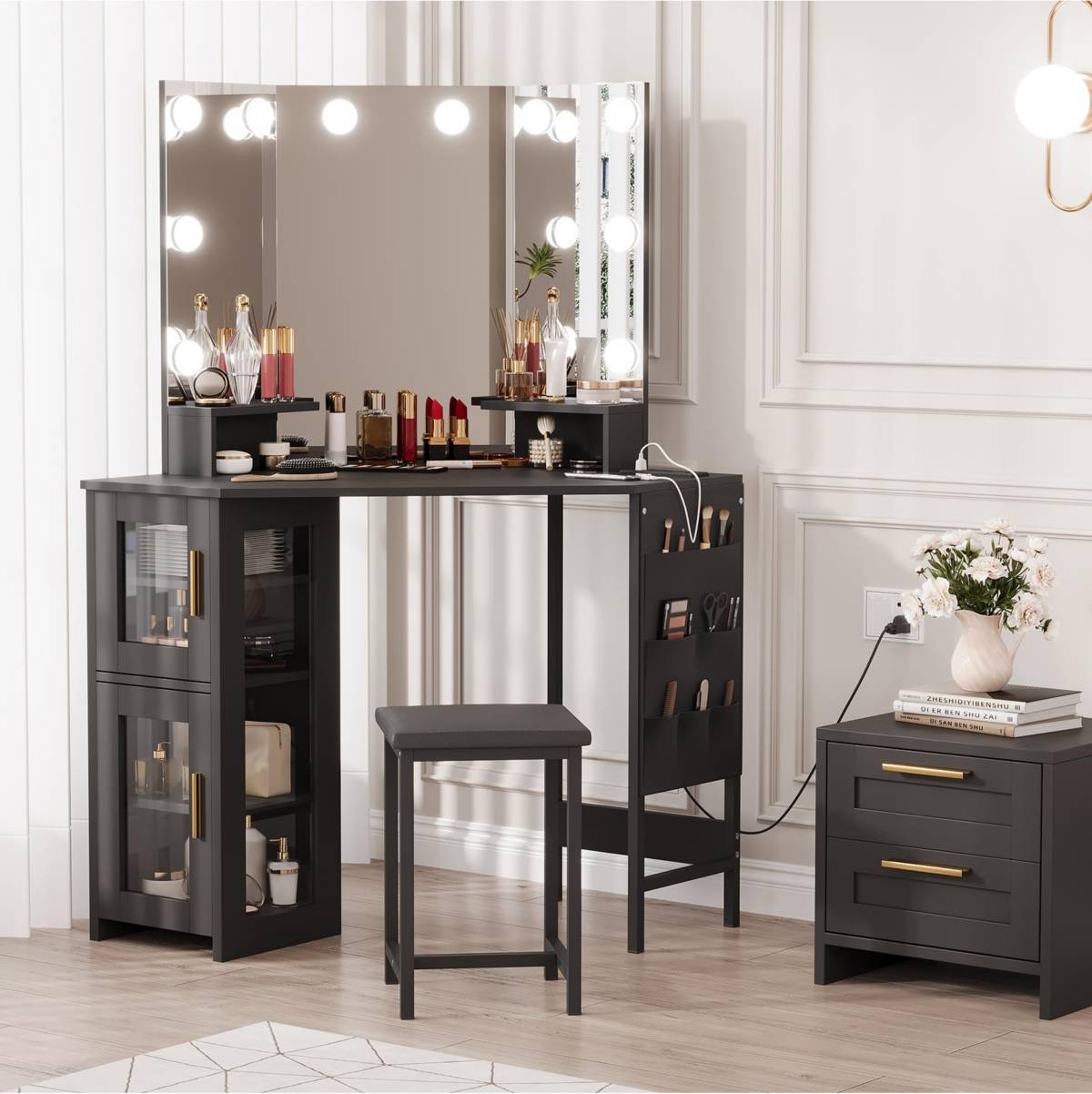 Corner desk with shelves Homfan Corner Vanity Desk Stool Set Dressing Table